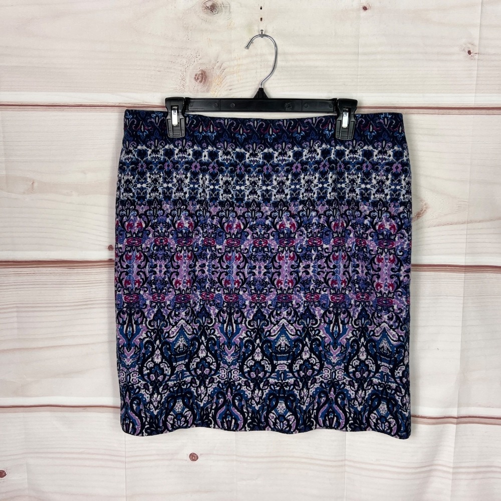 J Jill Skirt Womens Petite PM Purple Blue Floral Print Pencil Pull On Knit Lined